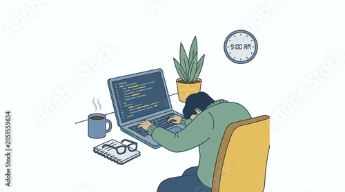 Overworked programmer slumps over laptop at late hour, illustrating digital burnout and exhaustion