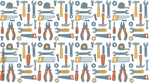 Various Hand Tools Pattern Hammer, Saw, Pliers, and Screwdriver Illustration