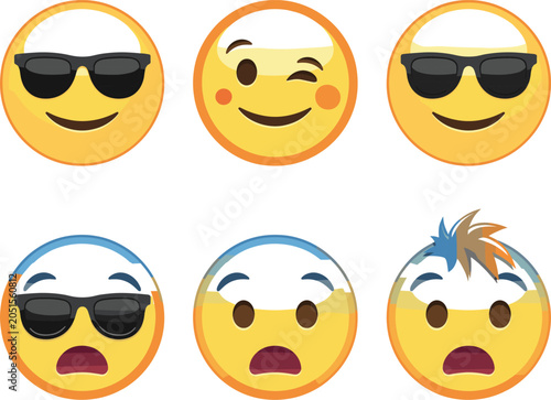Six yellow circular emoji faces with various expressions including sunglasses winking and shocked mouths arranged in two rows on a white background