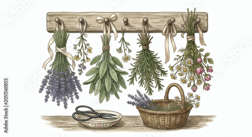 Watercolor dried herbs hanging on wooden rack with wicker basket and scissors, vintage botanical illustration clipart isolated on white background