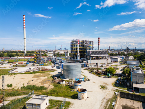 Ravenna, Italy, June 8, 2026: Aerial view of the industrial and port area, featuring storage tanks, power plants, steel manufacturing sites, and logistics infrastructure