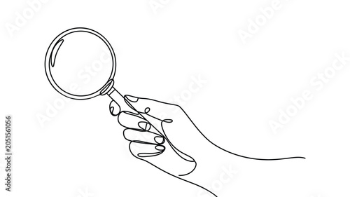 continuous one line drawing of hand holding magnifying glass, minimalist search and inspection outline illustration, research, investigation and analysis concept design