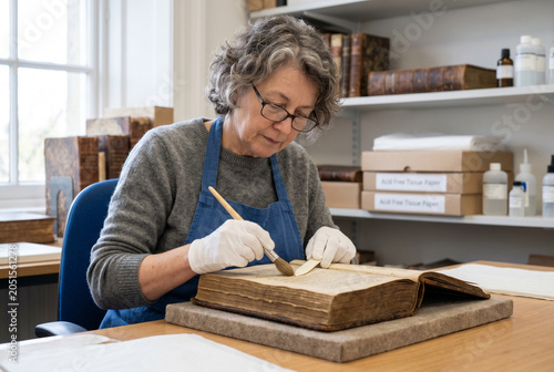 Art conservator performing detailed restoration work on historical artifact in studio