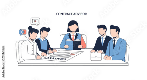 Professional Contract Advisor Overseeing Legal Agreement Signing and Business Consultation Illustration