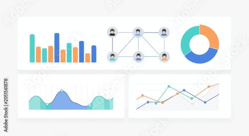 Business Data Visualization Dashboard with Infographic Charts, Pie Graph, Bar Chart, and Network Connections for Professional Analytics and Reporting