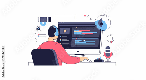 Video Editor Character Working on Computer Desktop Flat Vector Illustration for Content Creation and Multimedia Post-Production