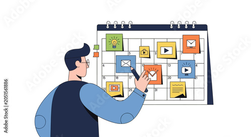 Man Planning Social Media Content Calendar and Marketing Strategy Vector Illustration