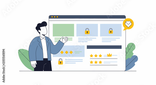 Premium Membership and Gated Content Website Interface Illustration. Man presenting digital subscription, paywall, and exclusive online features.