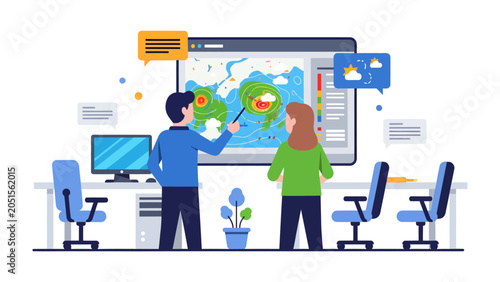 Canvas Print Weather forecast meeting: Two meteorologists discuss a weather map on a large screen, pointing out areas of interest and potential storm activity