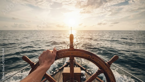 Hand of captain on wooden ship steering wheel sailing on open sea at sunset