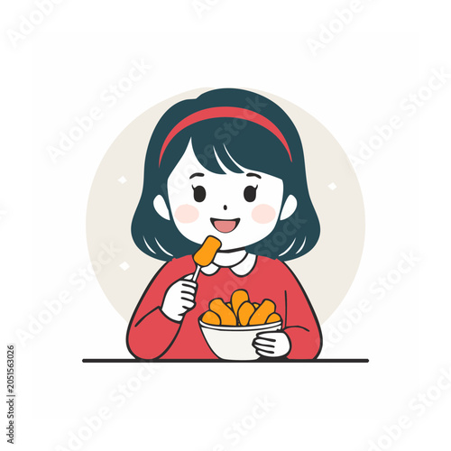 Cute girl eating food on a stick from a bowl