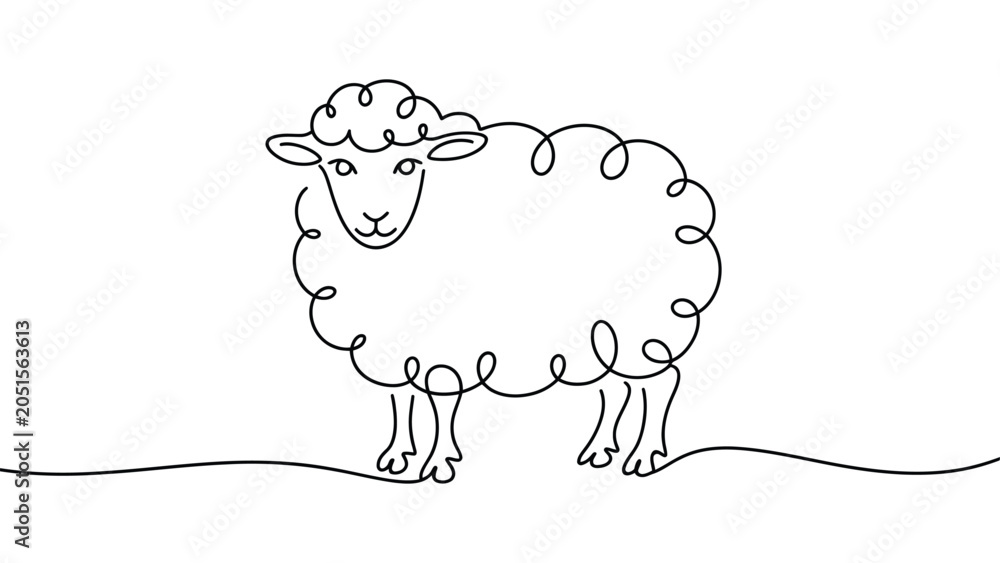 Obraz premium continuous one line drawing of fluffy sheep farm animal, minimalist livestock outline illustration, rural agriculture concept, wool production and countryside nature design