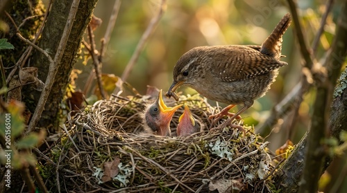 Hungry young chicks in a nest being fed by a parent bird in natural forest lighting.