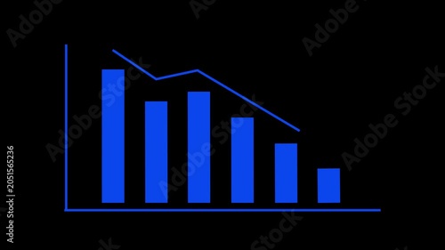 blue bar chart animation with a downward arrow on a black background. Business statistics, financial decline, market crash, and negative growth concept.”