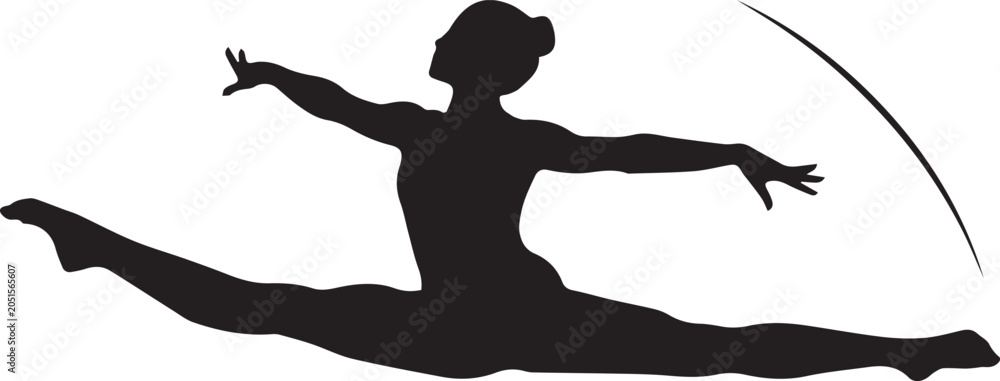 Fototapeta premium Silhouette of female gymnast performing a dramatic split leap, showcasing incredible flexibility and acrobatic skill.