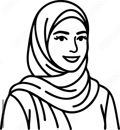 Foto Line art portrait of a smiling woman wearing a hijab with portrait headscarf ill