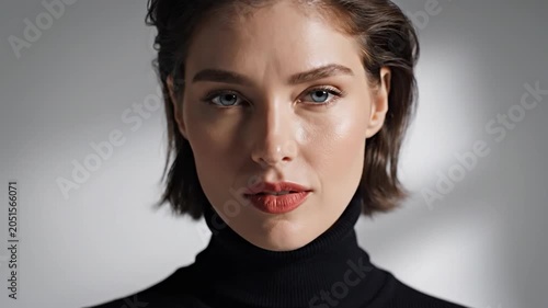 Portrait of a confident young woman with short brown hair and blue eyes wearing a black turtleneck in a studio setting