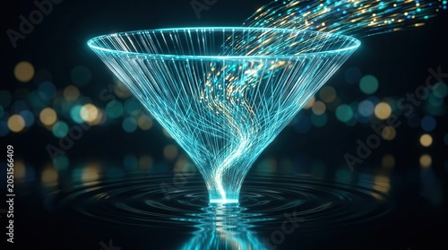 Data funnel concept visualizing conversion optimization and insight through glowing particles.