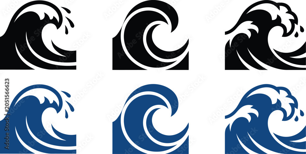 Fototapeta premium Ocean wave icons in black and blue colors illustrating sea water motion and splash for graphic design projects and web symbols collection