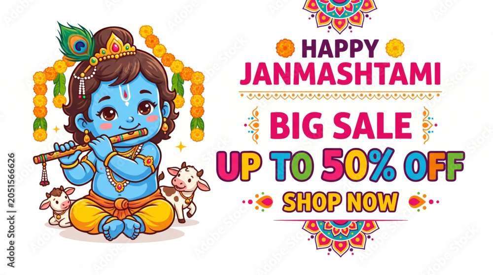 Fototapeta premium Cute Baby Krishna Playing Flute in Colorful Sale Banner for Janmashtami Festival Promotion