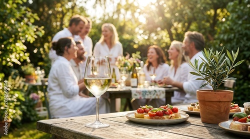 Summer outdoor gathering featuring a glass of white wine and appetizers on a garden table.