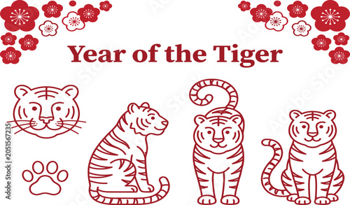 Cuadro en lienzo Chinese New Year Year of the Tiger Vector Illustration Set Featuring Cute Red Li