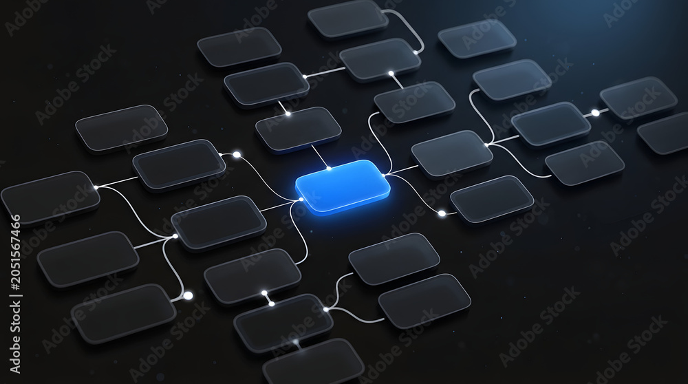 Obraz premium Abstract business workflow diagram in Apple dark mode with glowing blue nodes