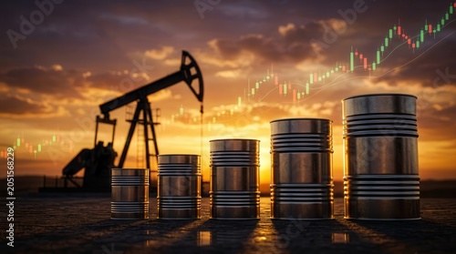 Economic concept of rising oil prices shown by a candlestick chart overlaying oil barrels and a pumpjack silhouette.