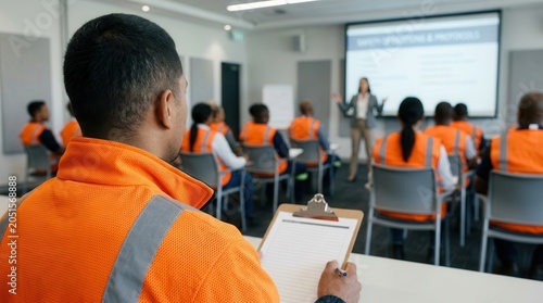 Workers participating in an occupational health and safety training seminar in an industrial setting.