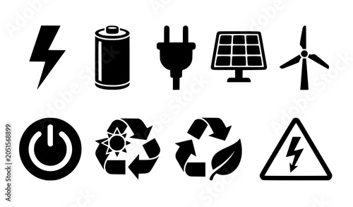 Electric Power and Renewable Energy Silhouette Icon Set