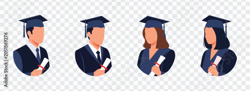 Foto Graduation student avatar collection with caps, gowns, and diplomas, featuring academic portraits in clean flat vector style for education icons, commencement designs, and school graphics