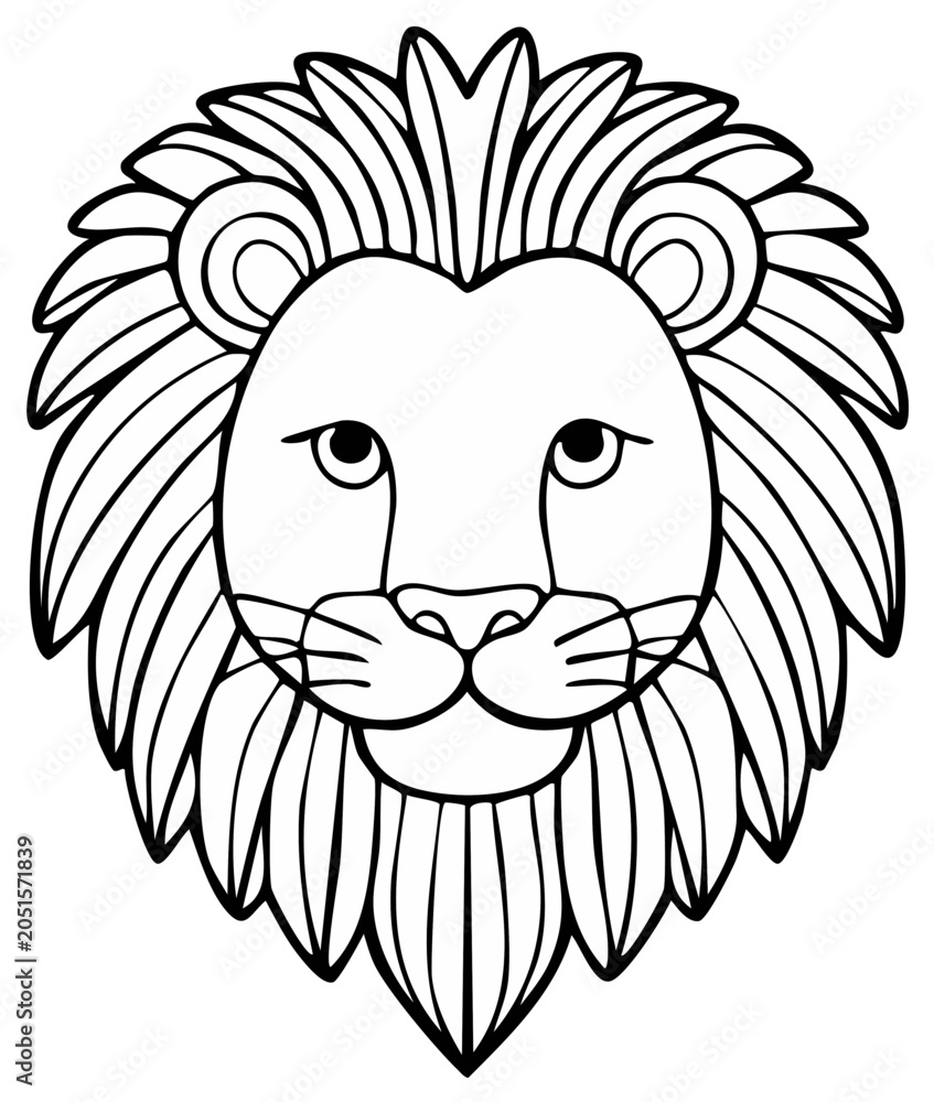 Fototapeta premium Cartoon lion head illustration in black and white, front view, isolated