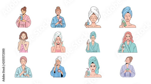 Set of diverse women applying skincare products with towels on heads.