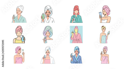 Group of women with towels on heads holding skincare bottles and jars.