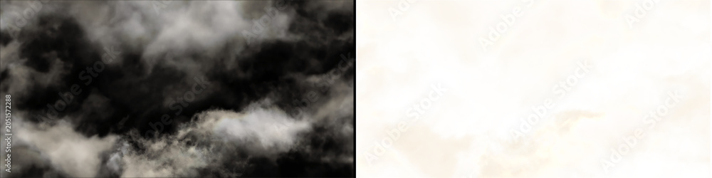 Fototapeta premium Smoke overlays collection featuring realistic transparent wisps of grey clouds isolated on dark and grid backgrounds.