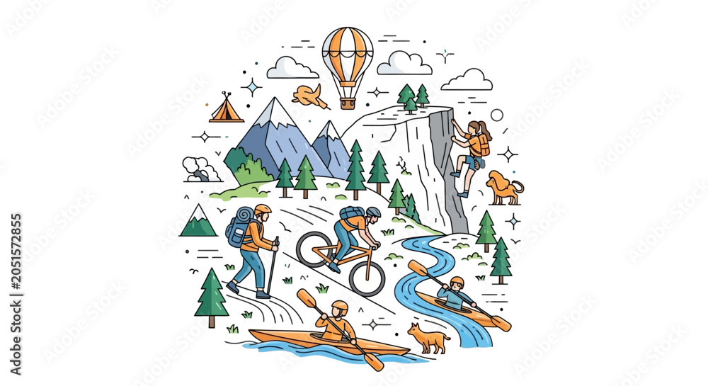 Fototapeta premium Outdoor adventure activities in nature illustration.