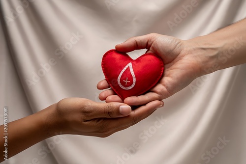Hands holding red heart with blood drop symbolizing blood donation