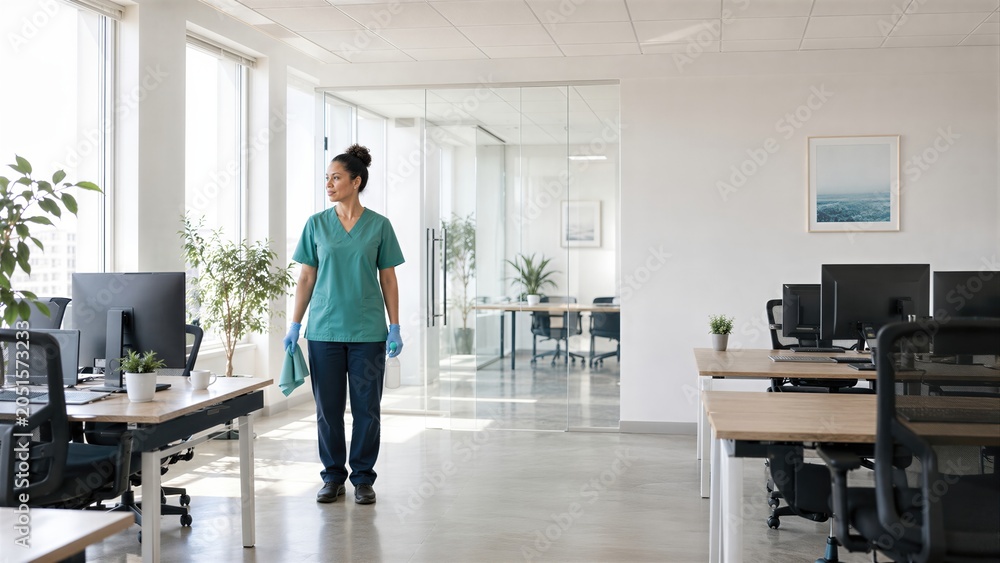 Fototapeta premium Woman cleaner wearing uniform and gloves cleaning modern office workstation. Professional janitor sanitizing desk in workspace. Healthy office environment and hygiene maintenance concept.