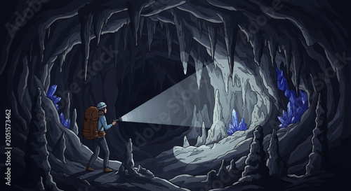 Man exploring a dark cave with glowing blue crystals.