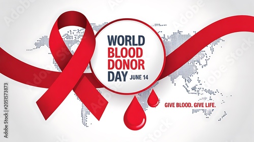World blood donor day awareness ribbon with global map and healthcare message