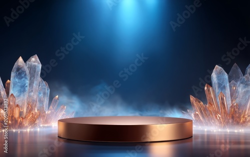 Modern stage with glowing crystal formations and illuminated backdrop for presentation