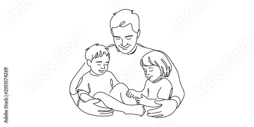 Bild auf Leinwand Father holding his two children tenderly in a warm embrace, single line drawing