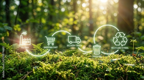 Green sustainability-related icons illustrating the production, delivery, and recycling supply chain cycle.