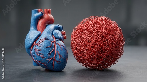 Detailed anatomical model of a heart with red vascular network and blood flow concepts.
