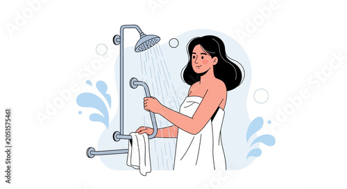 Woman showering with grab bars and hand-held showerhead, clean hygiene and safety in the bathroom