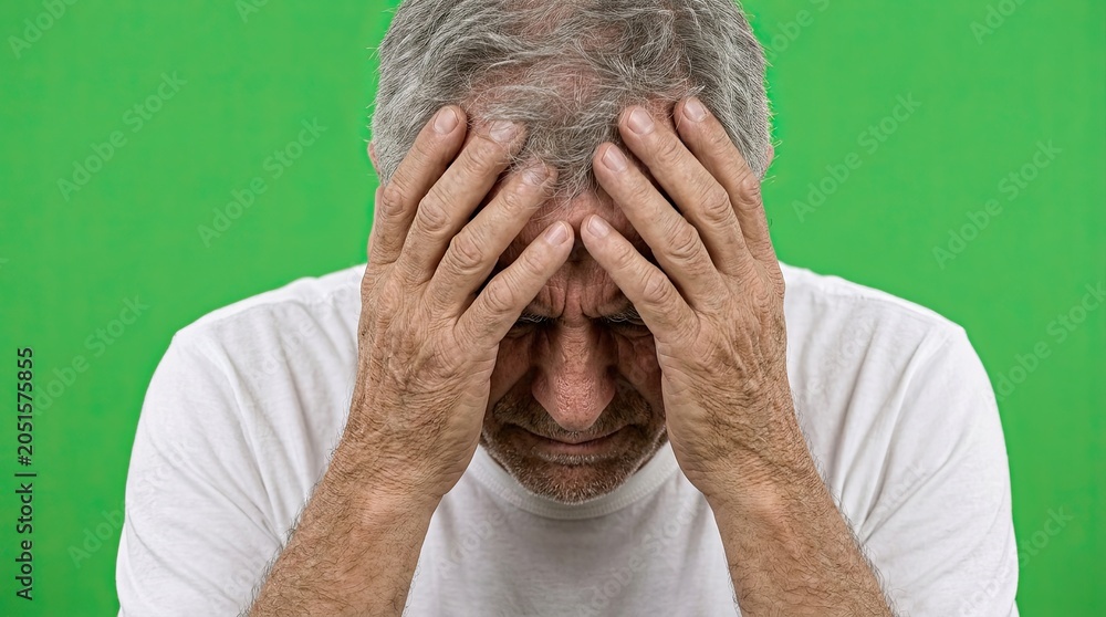 Fototapeta premium Elderly man in white t-shirt with hands on head, expressing defeat against green background