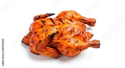 Whole roasted chicken with grill marks isolated on white background