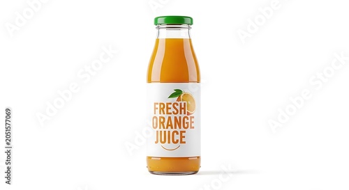 Bottle of fresh orange juice with label isolated on white background