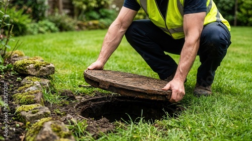 A skilled worker servicing the septic tank access lid for drainage system maintenance and repair.