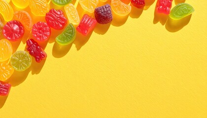 Brightly Colored Fruit Shaped Gummies Form a Cheerful Border on a Yellow Background with Shadows